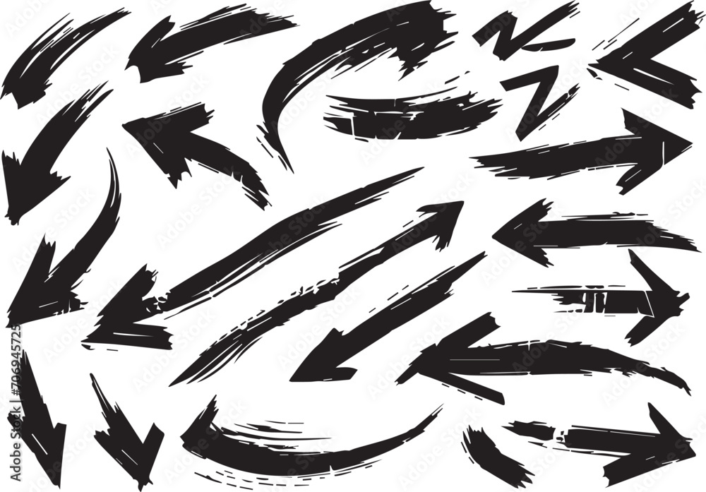 Set Various bold brush drawn curved arrows. Hand drawn vector illustration Set Various bold brush drawn curved arrows. Hand drawn vector illustration