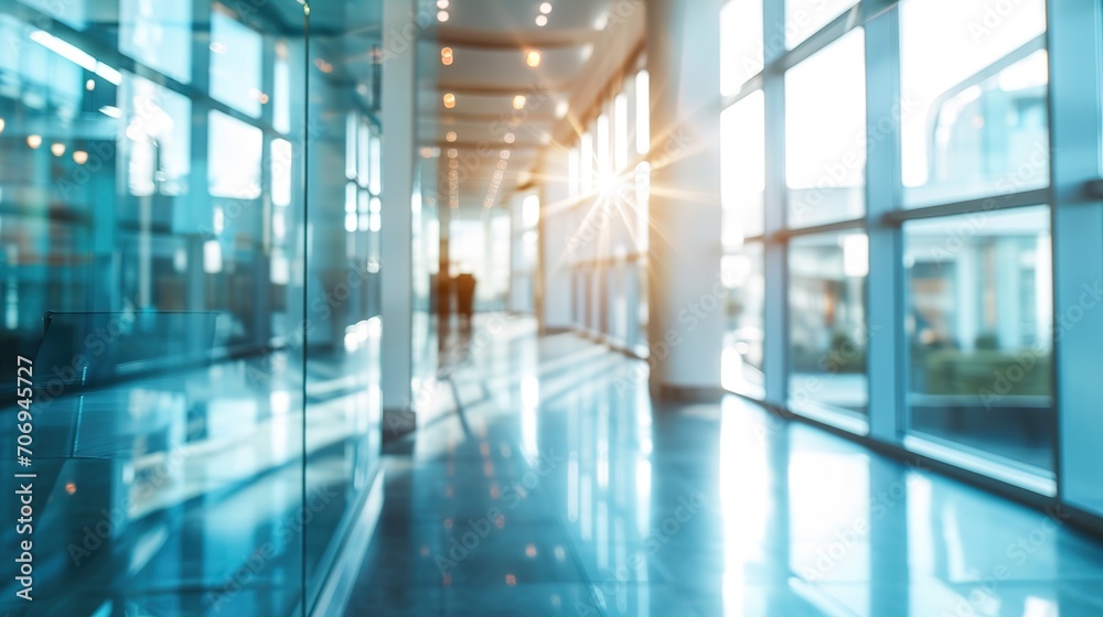 Fototapeta premium Blurred empty open space office. Abstract light bokeh at office interior background for design.