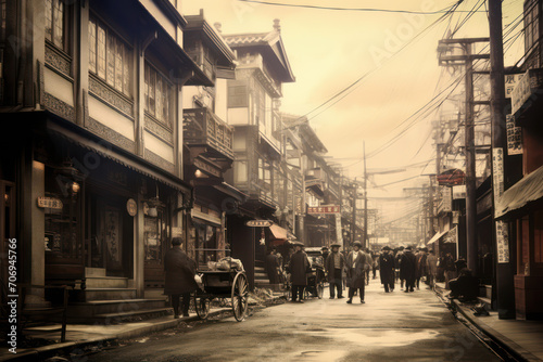 古い浅草や銀座のイメージ。架空の日本の昭和イメージ。古い写真、Generative AI photo