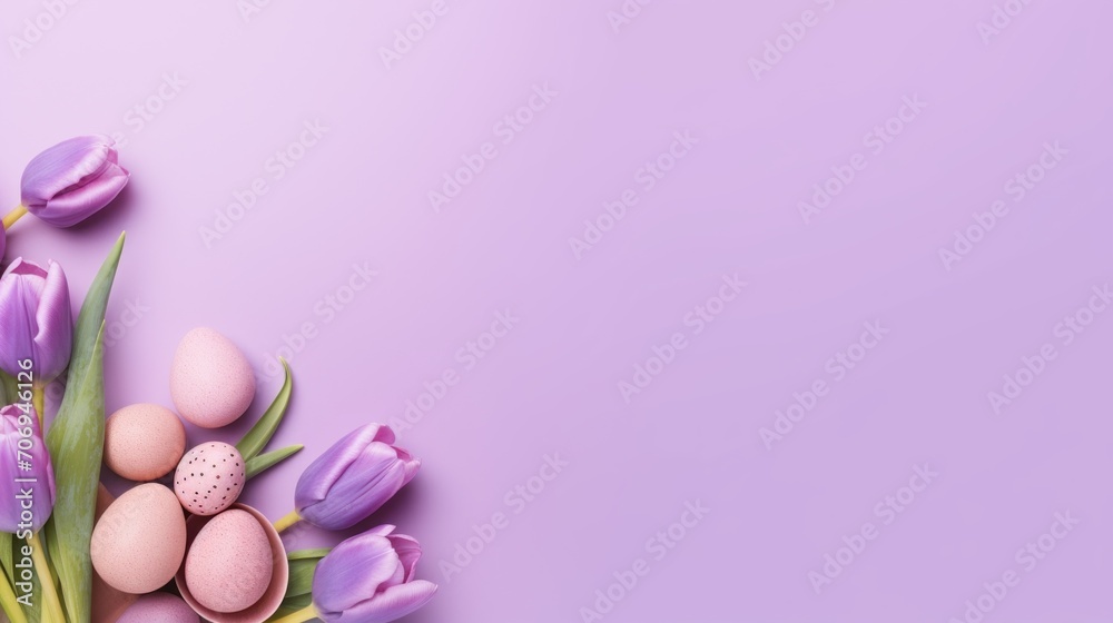 Flatlay of purple tulips and Easter eggs on a purple background with copy space. Top view, spring mockup, flowers concept. Flatlay of purple tulips and Easter eggs on a purple background with copy space. Top view, spring mockup, flowers concept.