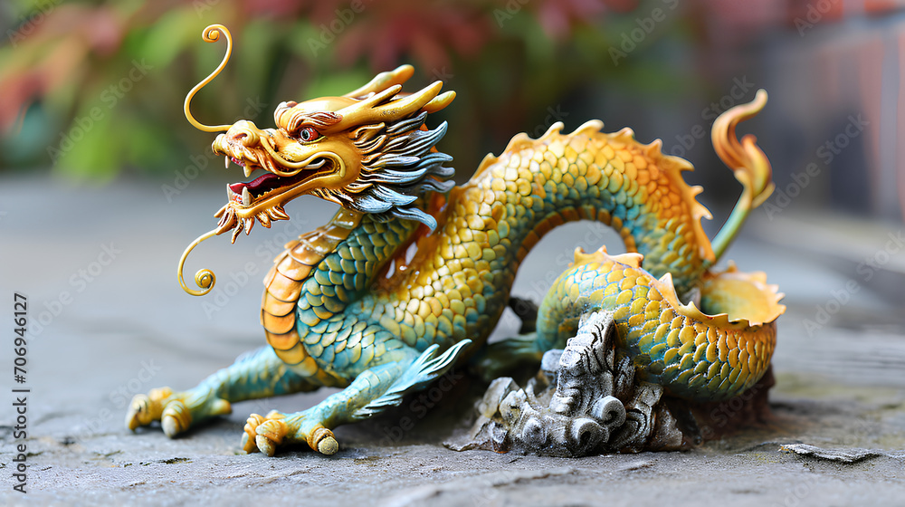 Fototapeta premium Spring Festival Dragon Figurine, flower garden backdrop