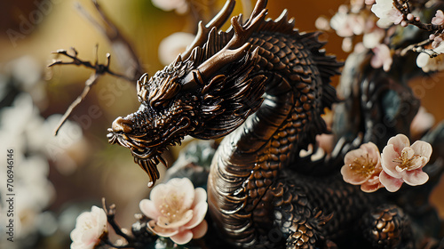 Spring Festival Black Dragon Figurine, flower garden backdrop