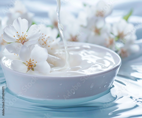 Cherry blossoms in milk bowl with gentle pour, perfect for serene beauty and organic health themes. Shallow field of view. © henjon