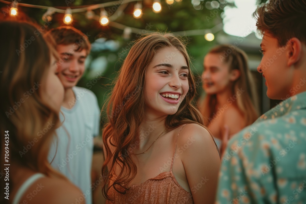 Beautiful happy teenager girl wears dress celebrates school graduation