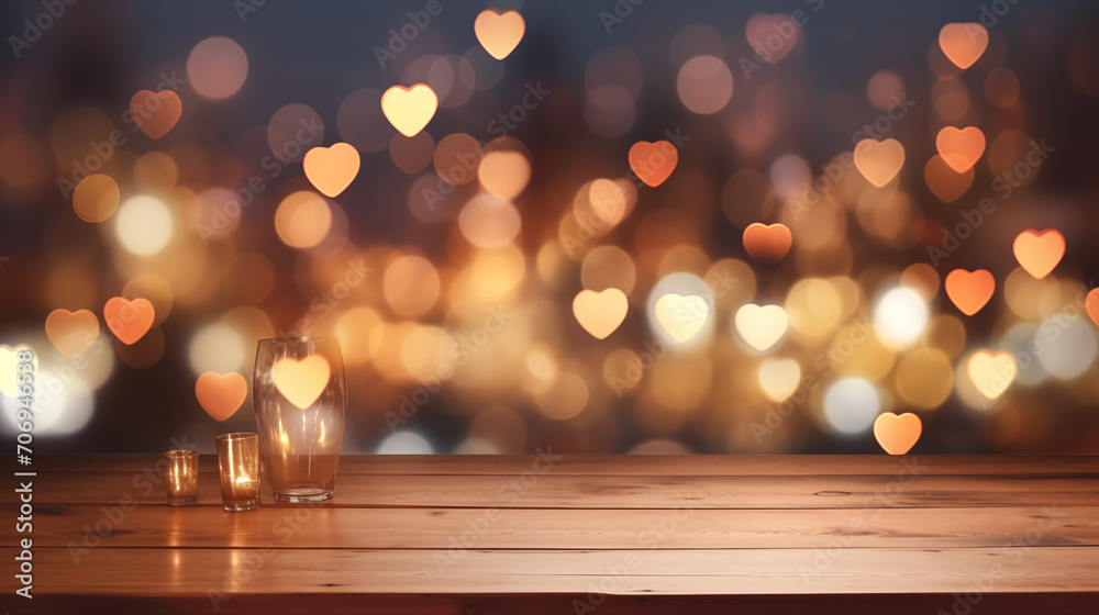 Empty wooden table with blurred background of a luxury hotel room on Valentine's Day Empty wooden table with blurred background of a luxury hotel room on Valentine's Day