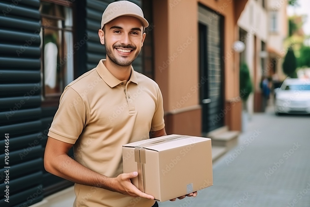 Smiling men holding a parcel. Order delivery service. Smiling men holding a parcel. Order delivery service.