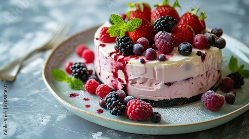 Close-up. Creamy cheesecake with strawberries and fresh summer berries. Healthy food. Cooking pastry background