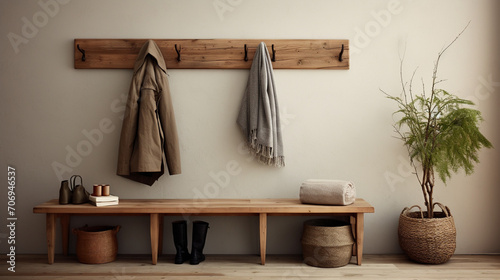 Country Charm: Hook Wall Mounted Coat Rack and Wooden Bench in Modern Entryway © pierre