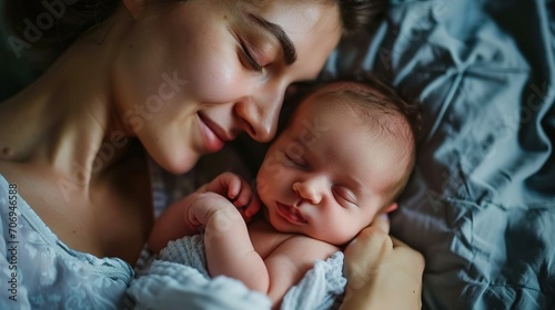 Close up of happy young me mother hugging little newborn baby, loving smiling mother enjoying tender family moment, motherhood, childcare concept