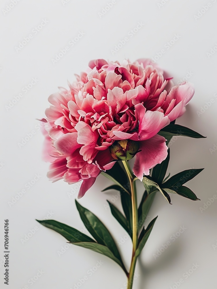 A branch of blooming pink peony flowers with delicate petals lie on a white background. Spring card background