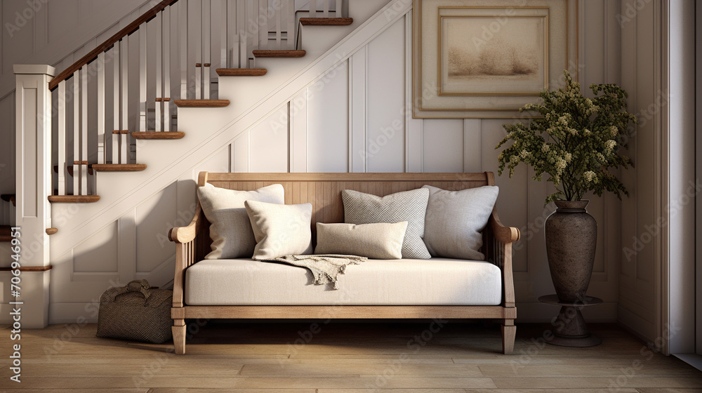 Rustic Welcome: Modern Entryway Design with Loveseat Sofa and Wooden Staircase Rustic Welcome: Modern Entryway Design with Loveseat Sofa and Wooden Staircase