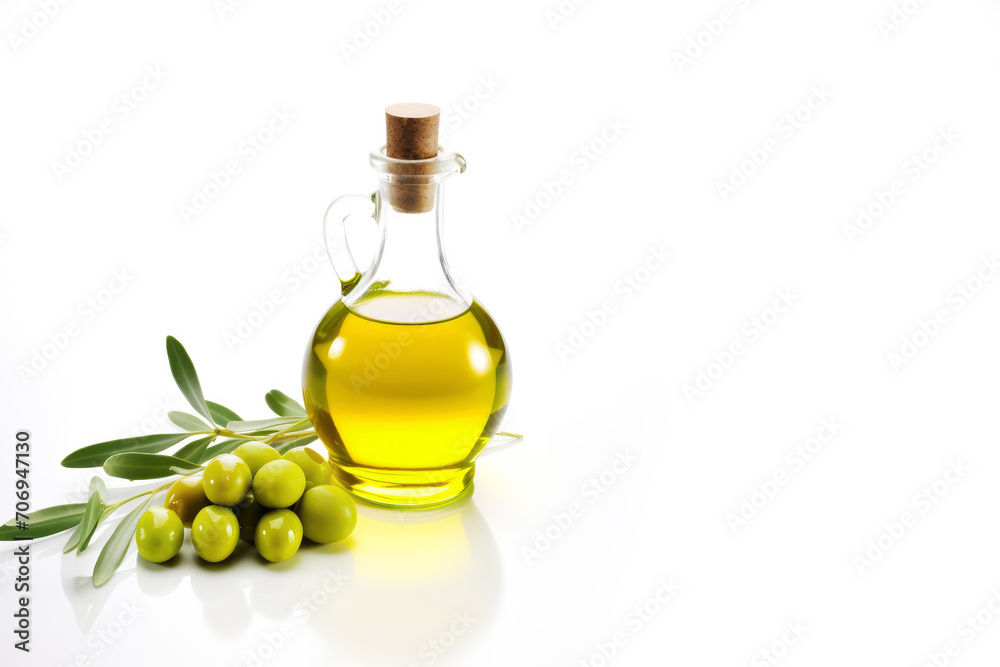 Organic olive oil. Elegant glass bottle with natural olive oil and green olive sprig with olives on white background. Mediterranean healthy food. Harvest of olives. Copy space