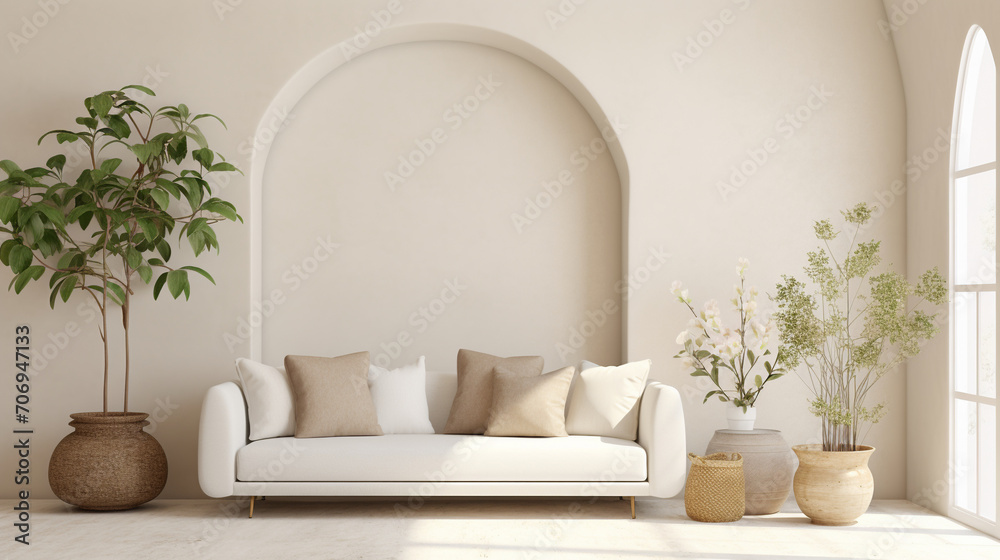 Fototapeta premium Clean Lines and Greenery: Minimalist Home Interior with White Sofa and Potted Plants