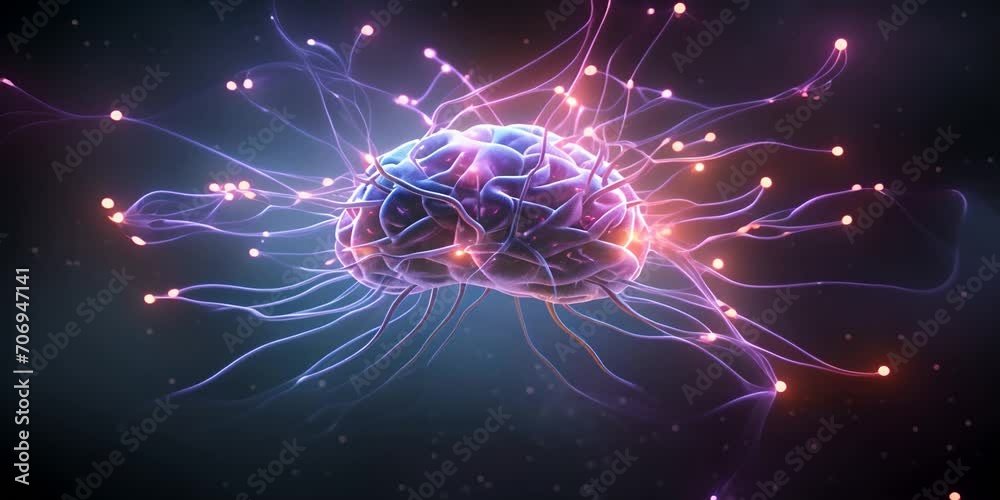 A brain with neurons highlighted by multicolored lights against a cosmic background. The concept of neuroscience and artificial intelligence.