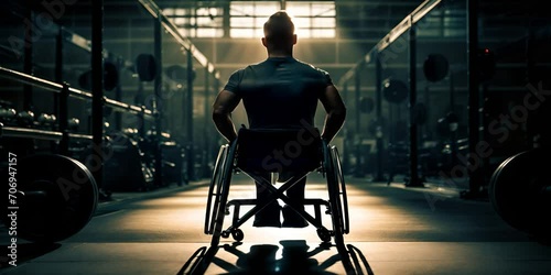 A man in a wheelchair in the gym, facing away, symbolizes determination and strength of spirit. The concept of adaptive fitness and motivation. photo