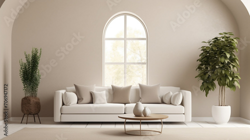 Simplicity in White: Minimalist Living Room with Sofa and Arched Window © pierre