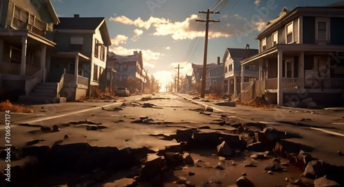 A street with damaged asphalt and houses illuminated by sunset light. The concept of urban infrastructure decay and climate change. photo