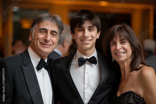 Happy teenage boy wearing suit takes photo with parents at bar mitzvah party photo