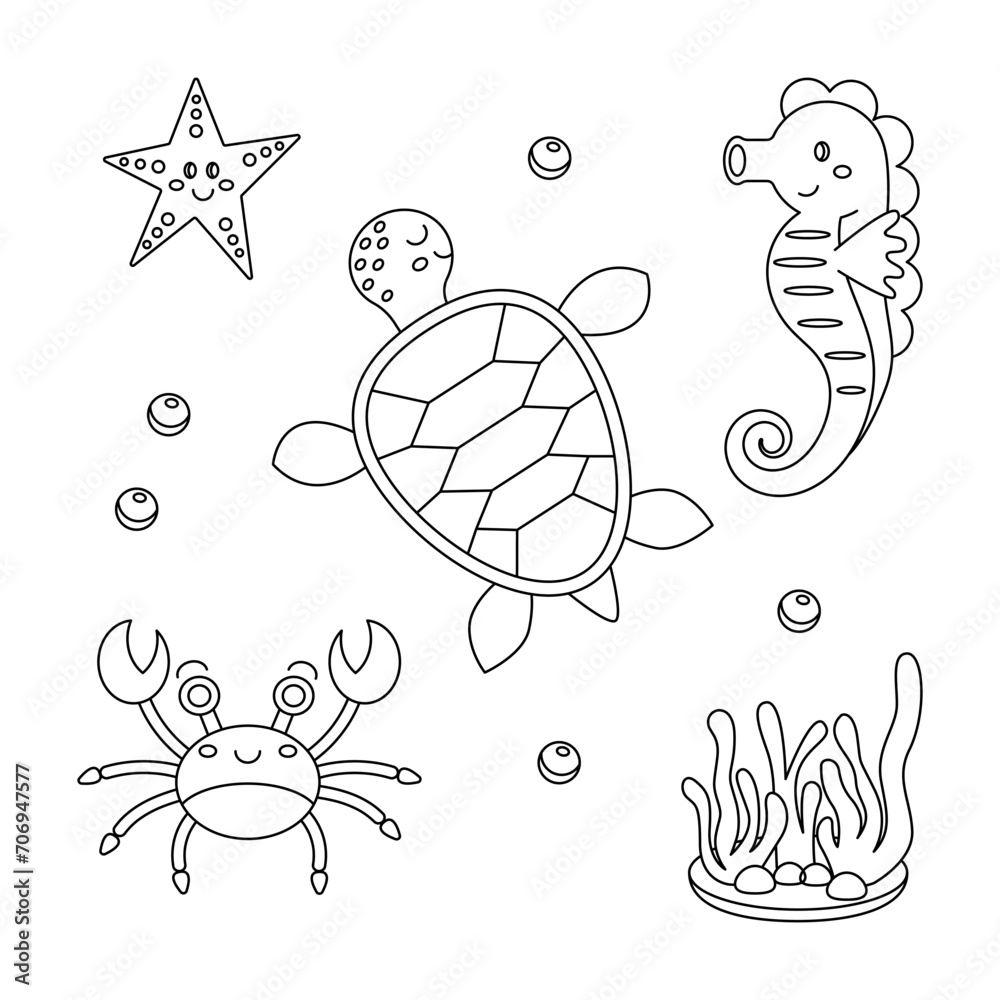 Sea animals coloring page. Cute cartoon characters set. Ocean turtle