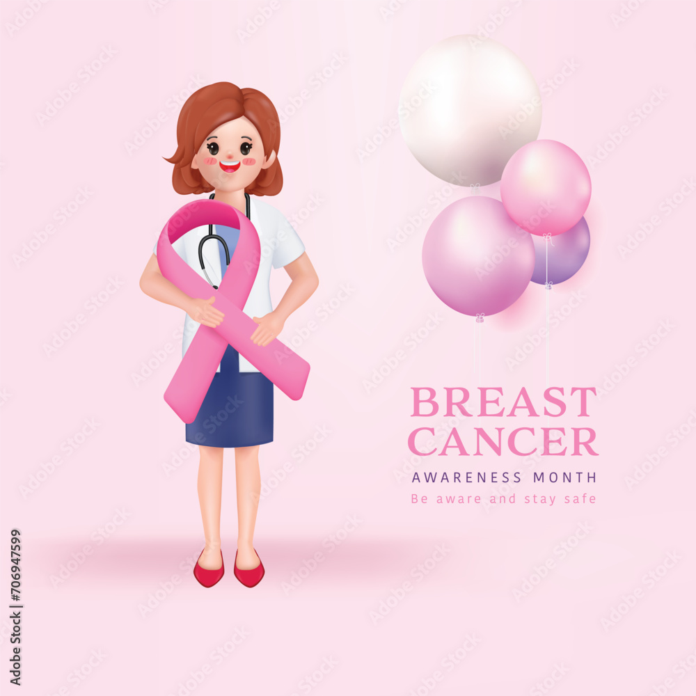 3D illustration vector of Woman Doctor standing and holding big pink ribbon to encourage patient. 3D illustration vector of Woman Doctor standing and holding big pink ribbon to encourage patient.