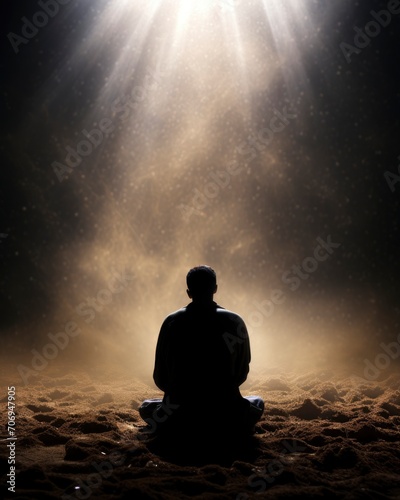 Silhouette of a Muslim man praying  surrounded by lots of light dew smoke  copy space - generative ai