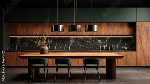 Sleek Simplicity: Minimalist Wooden and Dark Green Kitchen Design with Black Marble