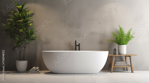 Modern Bathroom Oasis with Freestanding Tub and Lush Greenery Beauty  cosmetic  skincare  body care  toiletries product display background 3D