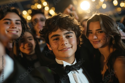 Group of teenagers having fun, taking photo together at school prom