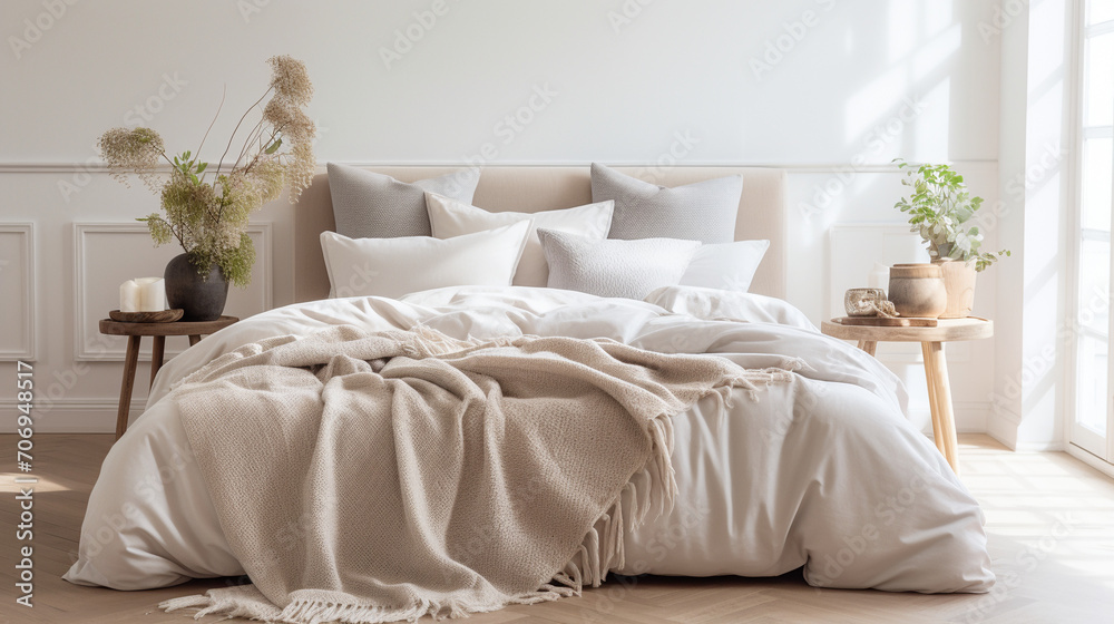 Serenity in Neutrals: Pastel Beige and Grey Bedding in a Minimalist Setting
