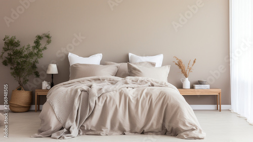 Serenity in Neutrals: Pastel Beige and Grey Bedding in a Minimalist Setting