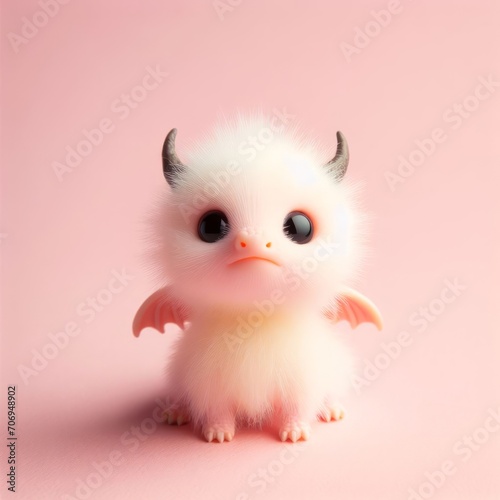Сute fluffy white baby dragon toy on a pastel pink background. Minimal adorable animals concept. Wide screen wallpaper. Web banner with copy space for design.