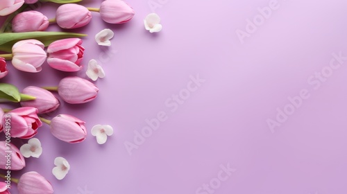 Flatley of beautiful pink tulips and small white flowers on a purple background with a copy space. Top view, spring mockup concept.