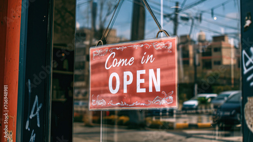 A business sign that says ‘Come in We’re Open’ on cafe/restaurant window.