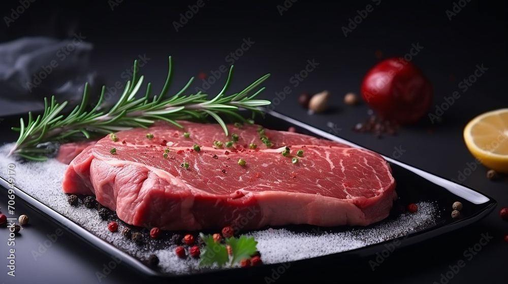A beef steak on a ceramic plate