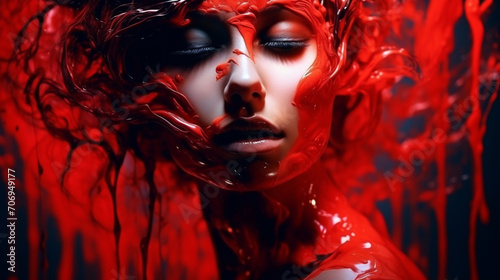 A beautiful woman with red paint on her face
