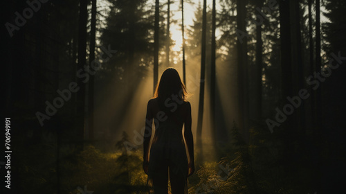 The silhouette of a girl on the background of a coniferous forest