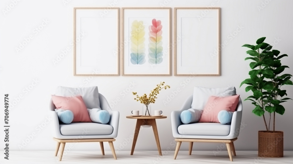 Fototapeta premium Simplicity in Style: Scandinavian-Inspired Living Room with Armchairs and Poster