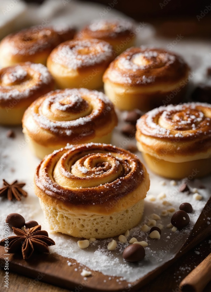 Close-up of lush and tasty Cinnabons. French sweets. Desserts in a cafe.