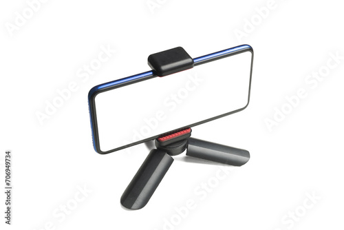 Transparent screen martphone on table tripod isolated