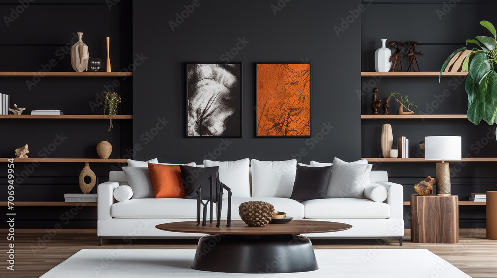 Deco Drama: White Sofa Against Stylish Black Wall in Contemporary Interior Deco Drama: White Sofa Against Stylish Black Wall in Contemporary Interior