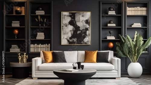 Deco Drama: White Sofa Against Stylish Black Wall in Contemporary Interior © pierre