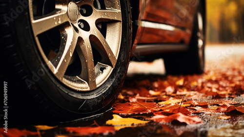 Leaf covered wheels of a car on a wet autumn road