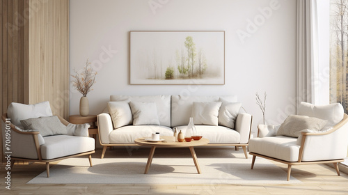 Scandinavian Serenity  Modern Living Room with White Sofa and Coordinated Armchairs