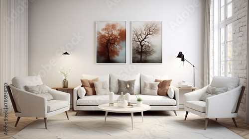 Elegant Fusion: Scandinavian Boho Living Room with White Sofa and Artful Wall © pierre