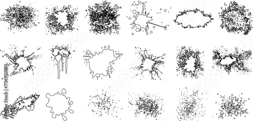 Black ink splatters, diverse shapes, isolated on white background. Perfect for artistic, abstract designs, backgrounds, dense and dispersed, Random, abstract arrangement