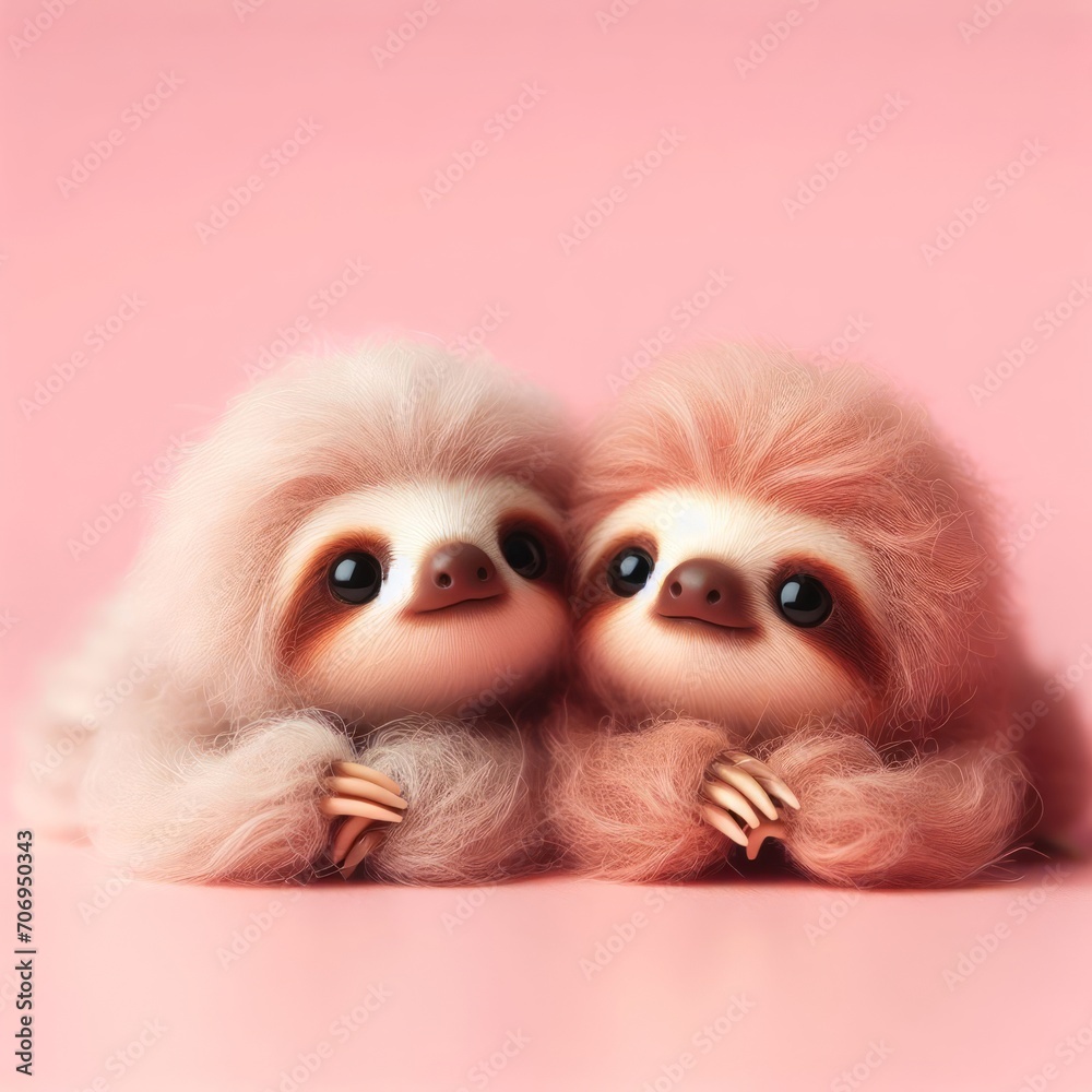 Couple of cute fluffy baby sloth toys lying on a pastel pink background. Saint Valentine's Day love concept. Wide screen wallpaper. Web banner with copy space for design.