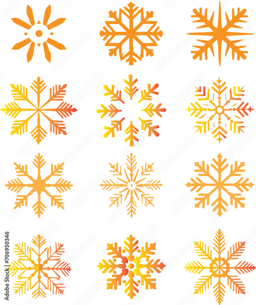 Set Yellow snowflake icons on white background Set Yellow snowflake icons on white background