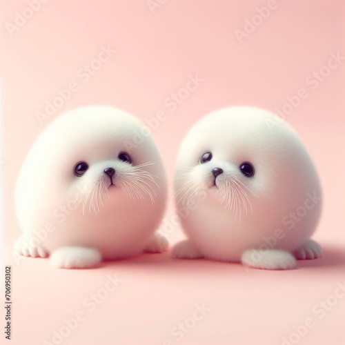 Couple of cute fluffy white baby fur seal toys on a pastel pink background. Saint Valentine's Day love concept. Wide screen wallpaper. Web banner with copy space for design.