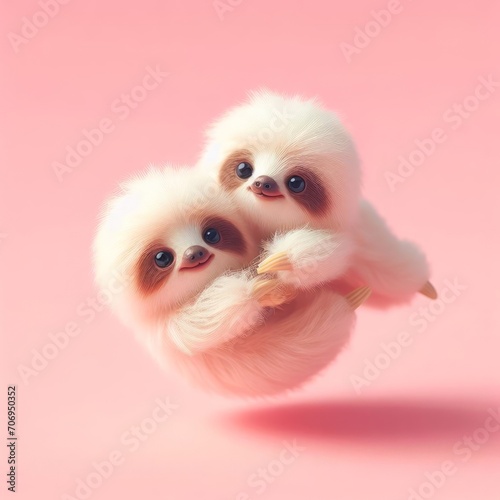 Couple of cute fluffy white baby sloth toys soaring on a pastel pink background. Saint Valentine's Day love concept. Wide screen wallpaper. Web banner with copy space for design.