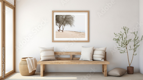 Ethnic Elegance  White Wall  Wooden Bench  and Poster Frame in Farmhouse Entrance